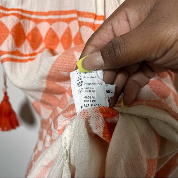 Pearl & Caviar Women Dress M/L Orange Tan Tiered Boho Short Sleeve Green Cottage - Picture 9 of 9